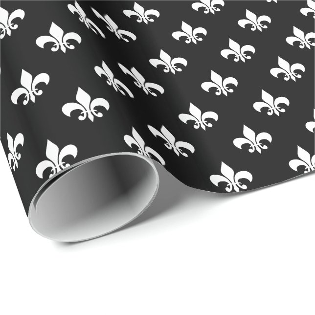 Vit Fleur-de-lis på svart Presentpapper (Rullad Hörn)