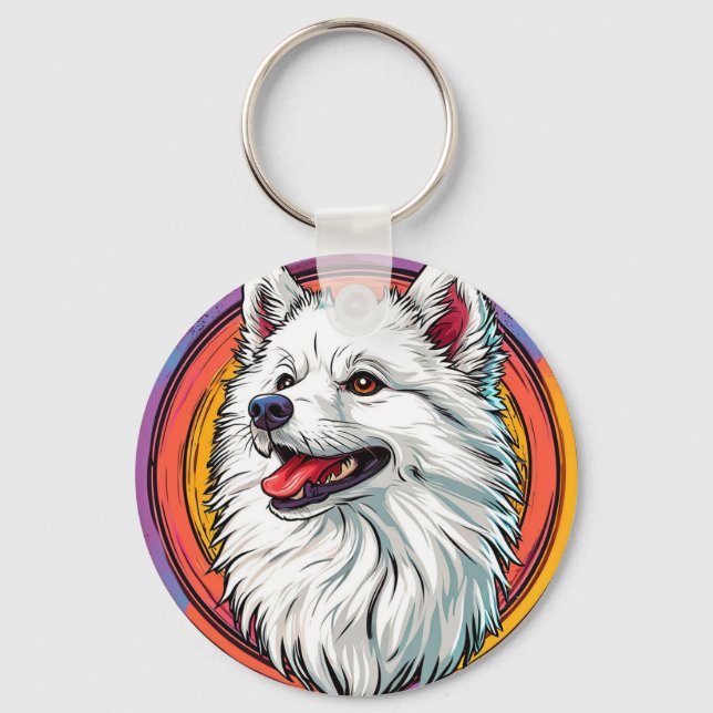 Vit Fluffig Hund i Livfull Konststil Nyckelring (Framsida)