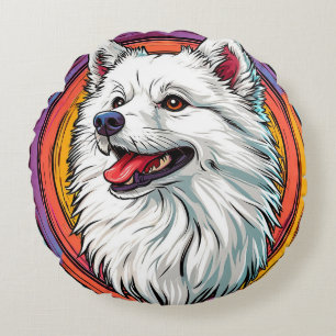 Vit Fluffig Hund Porträtt 🐾 Konstnärlig Stil Rund Kudde