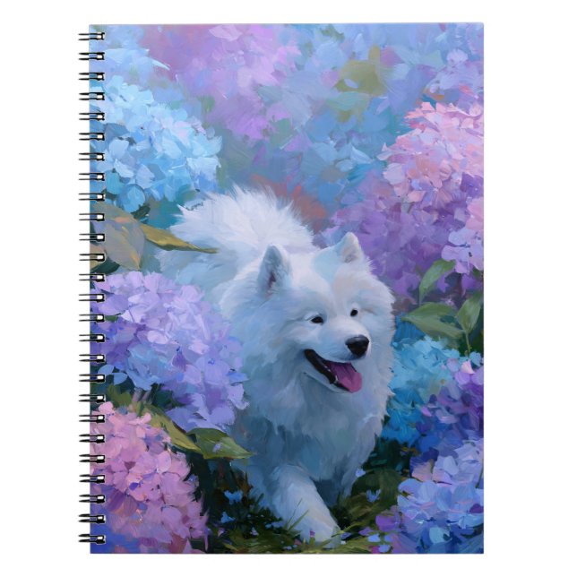 Vit fluffy-Hund i Hydrangeas bärbara dator Anteckningsbok (Framsidan)