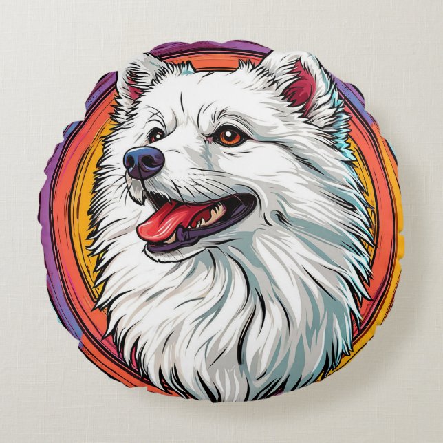Vit fluffy-Hund i Vibrant Art Stil Rund Kudde (Framsidan)