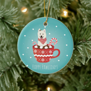 Vit fluffy Hund jul, Lycklig Pawlidays Julgransprydnad Keramik