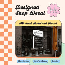 Vit fönsterdekal för välkomsthälsning och öppettid