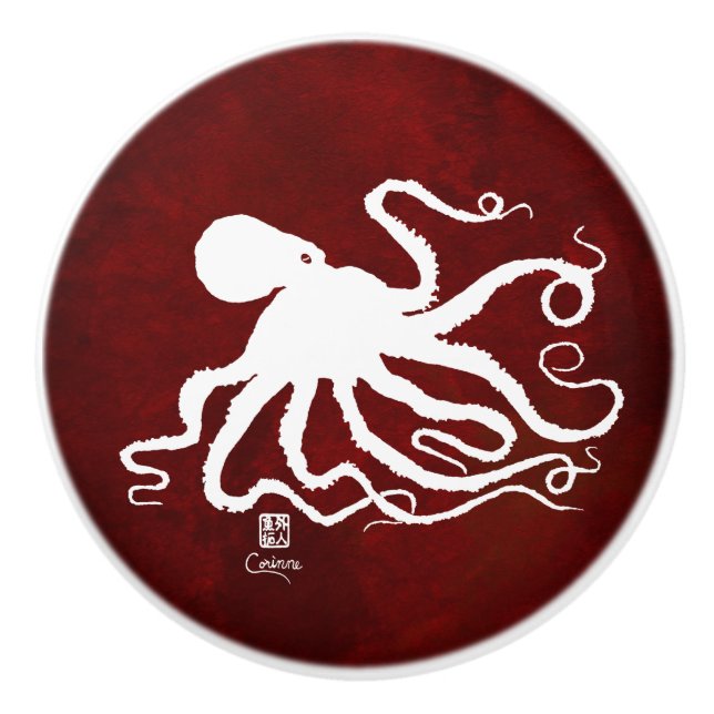 Vit för bläckfisk 6 på rött L - knopp (Framsidan)