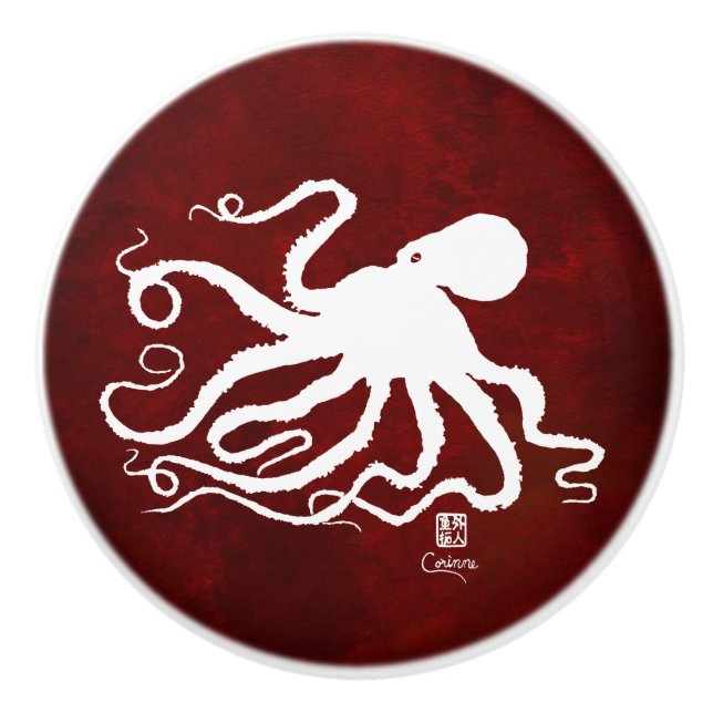 Vit för bläckfisk 6 på rött R - knopp (Framsidan)