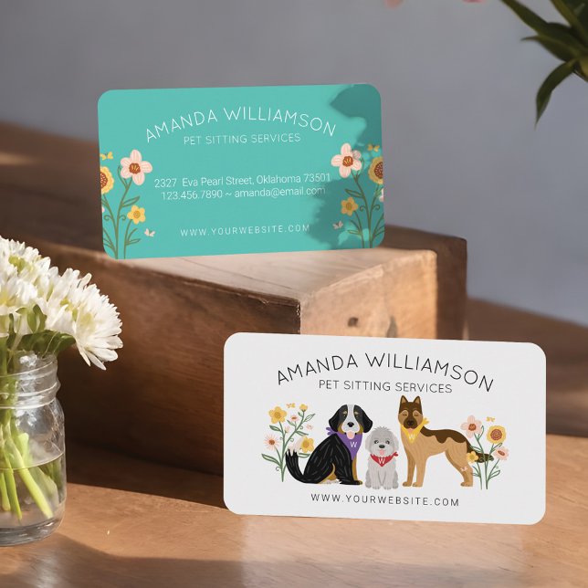 Vit för Hundar Djuromsorga tjänster - Blommigt Visitkort (Adorable Floral Dogs Pet Care Services White Business Card)