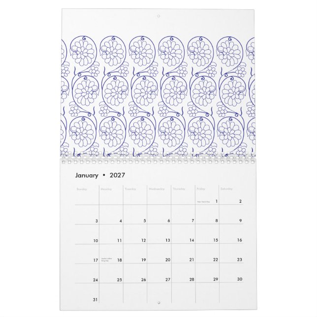 Vit förpackning papper med en subtil, upprepad pla kalender (Jan 2027)