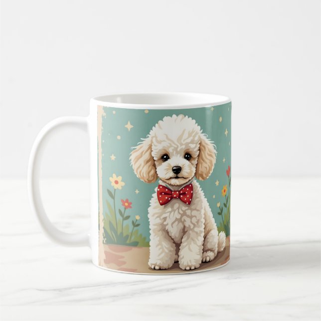 Vit förtjusande pudel med slips kaffemugg (Vänster)