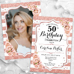 Vit foto blommigt Guld, 50:e födelsedagen Inbjudningar<br><div class="desc">Elegant, blommigt, feminin 50-årsinbjudan med ditt foto på baksidan av kortet. Glam, vit, rosa med Faux glitter ro guld. Funktioner rand, ro, typsnitt för skript och confietti. Perfekt för en snyggt vuxen under firande party. Anpassa med dina egna detaljer. Kan anpassas för vilken ålder som helst! Skrivna Zazzle-inbjudningar eller digital...</div>