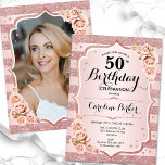 Vit foto elegant Guld, 50:e födelsedagen Inbjudningar<br><div class="desc">Elegant, blommigt, feminin 50-årsinbjudan med ditt foto på baksidan av kortet. Glam, vit, rosa med Faux glitter ro guld. Funktioner rand, ro, typsnitt för skript och confietti. Perfekt för en snyggt vuxen under firande party. Anpassa med dina egna detaljer. Kan anpassas för vilken ålder som helst! Skrivna Zazzle-inbjudningar eller digital...</div>