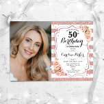 Vit foto elegant Guld, 50:e födelsedagen Inbjudningar<br><div class="desc">Femininininbjudan till elegantens blommigt på 50 år med ditt foto. Glam, vit och rosa med Faux glitter ro guld. Funktioner rand, röd ros, typsnitt för skript och confietti. Perfekt för en snyggt vuxen under firande party. Anpassa med dina egna detaljer. Kan anpassas för vilken ålder som helst! Skrivna Zazzle-inbjudningar eller...</div>