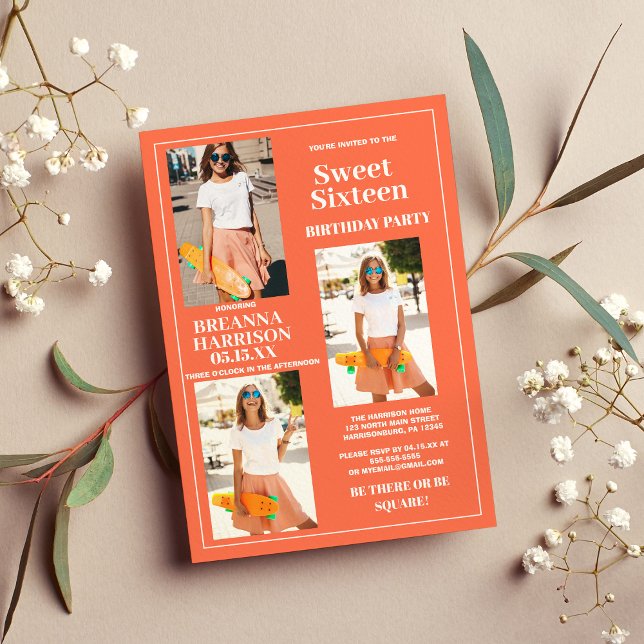 Vit foto-Sweet sixteen för modern enkel Orange Inbjudningar (Modern Simple Orange White Photo Sweet Sixteen )
