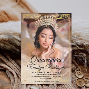 Vit fotoinbjudan till Luxury Quinceanera Guld Inbjudningar