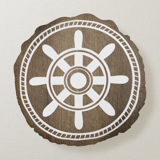 Vit Frakt Wheel Nautical Wood Grain Rund Kudde (Baksidan)