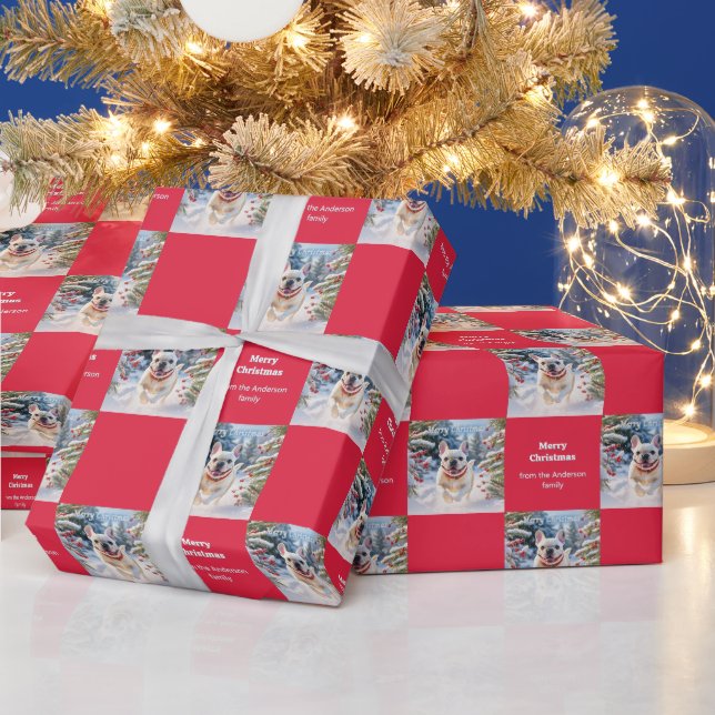 Vit fransk bulldog i snö Röd jul Presentpapper (Helgdagar)
