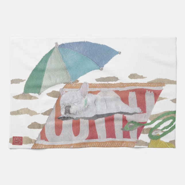 Vit Frenchie, fransk bulldogg, pophundkonst Kökshandduk (Horisontell)