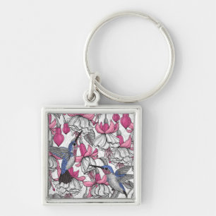 Vit fuchsia och hummingbird fyrkantig silverfärgad nyckelring