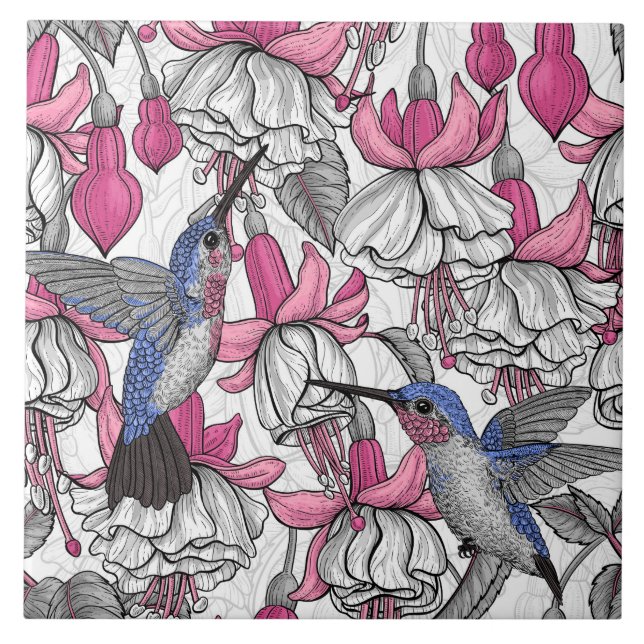 Vit fuchsia och hummingbird kakelplatta (Framsidan)