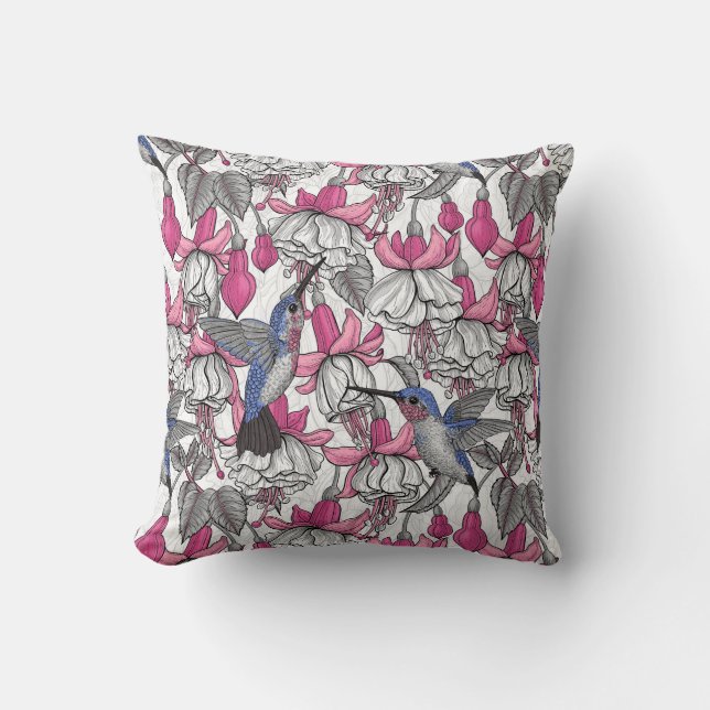Vit fuchsia och hummingbird kudde (Framsida)