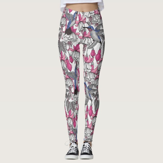 Vit fuchsia och hummingbird leggings (Framsida)