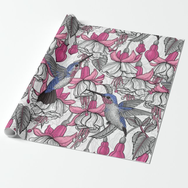Vit fuchsia och hummingbird presentpapper (Utrullad)