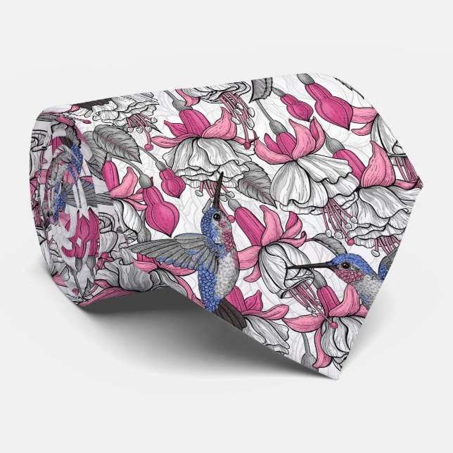Vit fuchsia och hummingbird slips (Rullad)