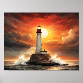 Vit fyr i en stormig hav vid solnedgång poster