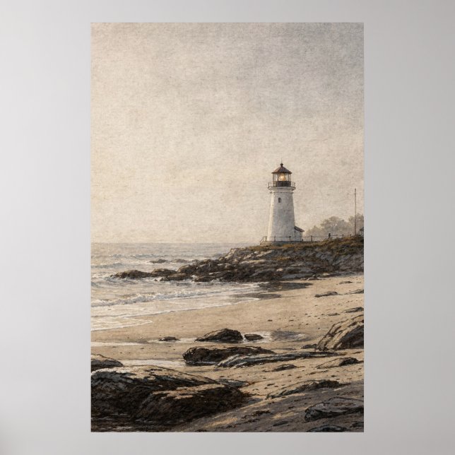 Vit fyr på en klippig strand poster (Framsidan)