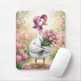 Vit gås med rosa tulpaner musmatta