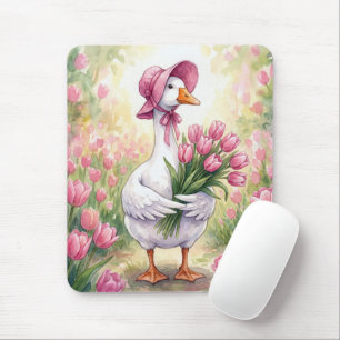 Vit gås med rosa tulpaner musmatta