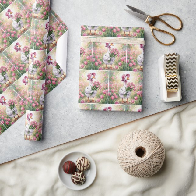 Vit gås med rosa tulpaner presentpapper (Hantverk)