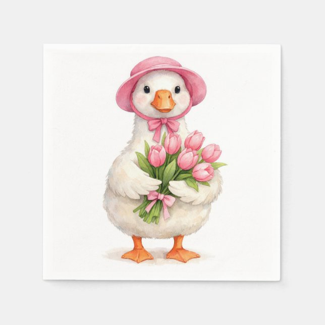 Vit gås som håller i en rosa tulpanbukett pappersservett (Framsidan)