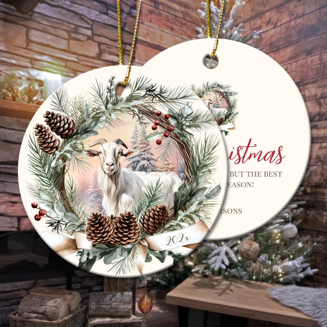 Vit get från jordbruksdjuret Julpinekon, andedräkt Julgransprydnad Keramik (White goat farm animal Christmas pinecone wreath Ceramic Ornament)