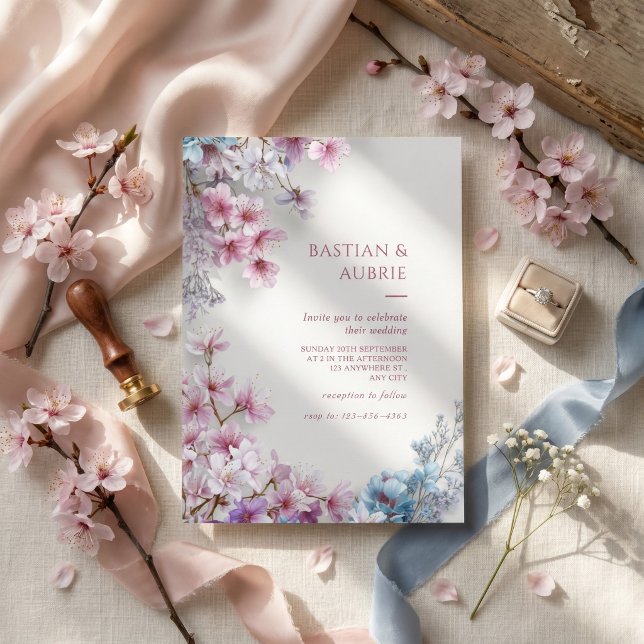 Vit Gips Rosa Sakura Botanisk Kant Bröllop Inbjudningar (Skapare uppladdad)