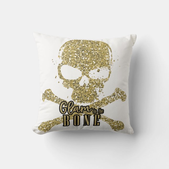 Vit Glam ända in i benet Guld Glitter Dödskalle Kudde (Framsida)