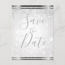 Vit Glänsande Elegant Vinterbröllop Save the Date Meddelande Vykort