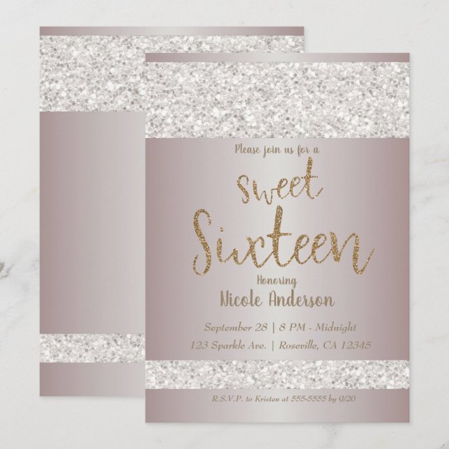 Vit Glitter Glans Rodnad Rosa Sweet 16 Sexton Inbjudningar (Fram/baksida)