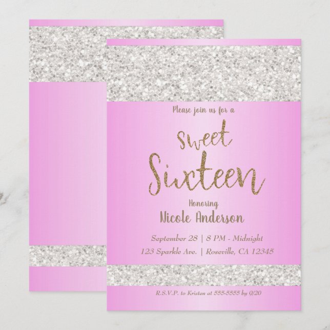 Vit Glitter Glans Rosa Sweet 16 Sexton Festsamling Inbjudningar (Fram/baksida)
