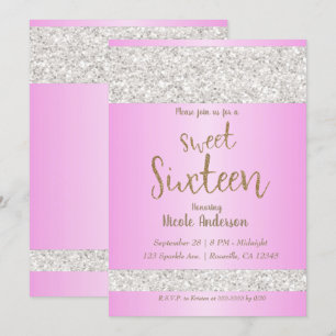 Vit Glitter Glitter Rosa Söt 16 Sexton Födelsedags Inbjudningar