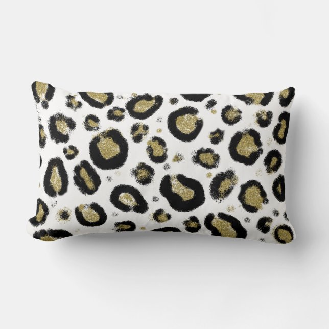 Vit Glitter Guld & Svart Leopard Gepardtryck Lumbarkudde (Framsida)