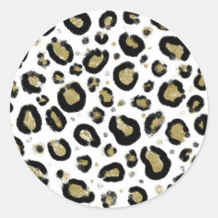 Vit Glitter Guld & Svart Leopard Gepardtryck Runt Klistermärke