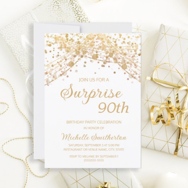 Vit Glitter Överraskning 90-årsdag  Inbjudningar (Skapare uppladdad)