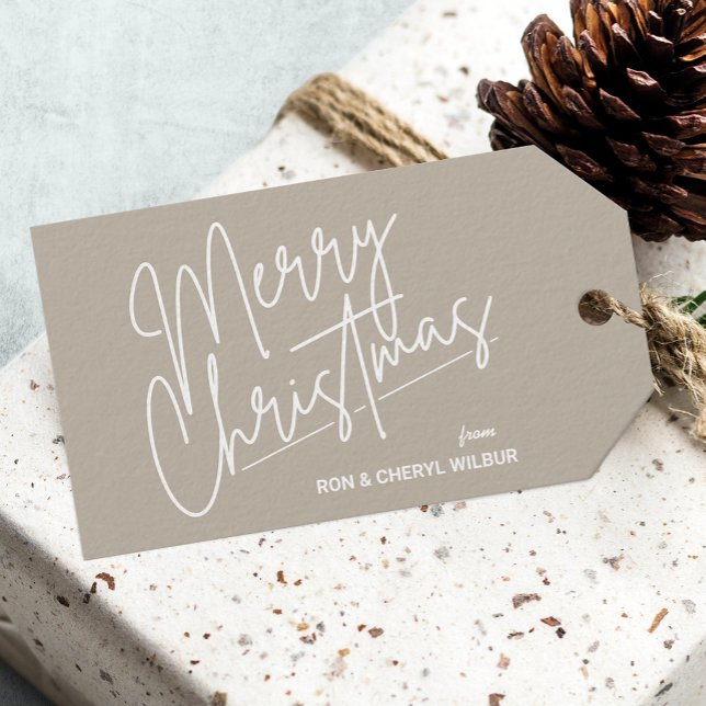 Vit God Jul Presentetikett (White Script Merry Christmas Tan Gift Tags)