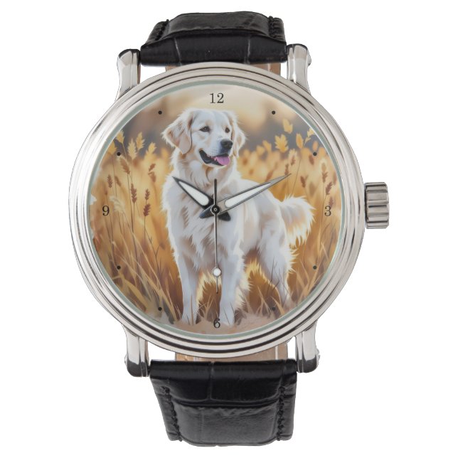 Vit Golden Retriever Hund Armbandsur (Framsida)