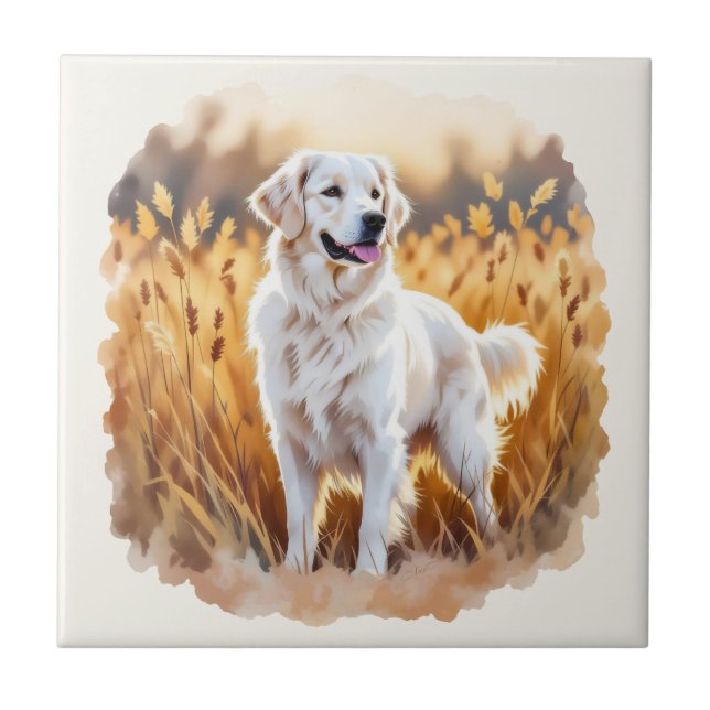 Vit Golden Retriever Hund Kakelplatta (Framsidan)