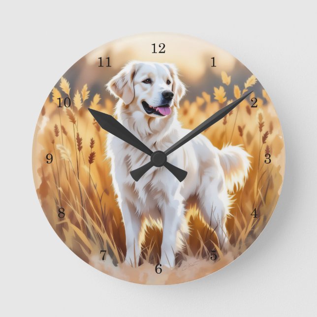Vit Golden Retriever Hund Rund Klocka (Framsida)