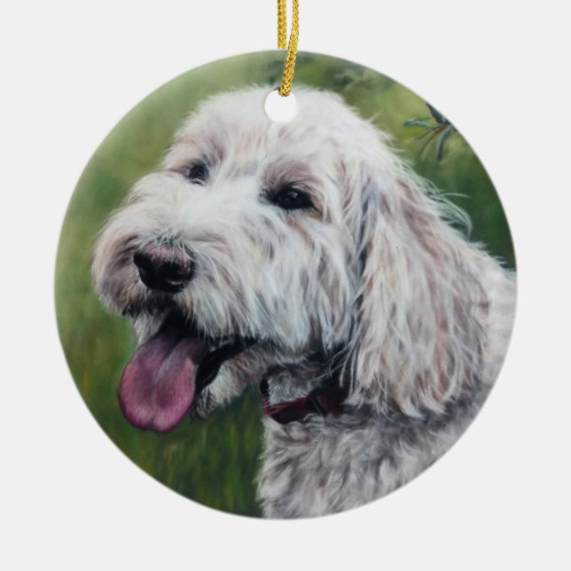 Vit Goldendoodle-valp Julgransprydnad Keramik (Framsidan)
