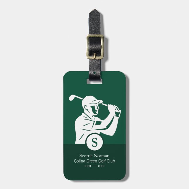 Vit golfspelare med golfklubba Elegant grön Bagagebricka (Vertikal Framsida)