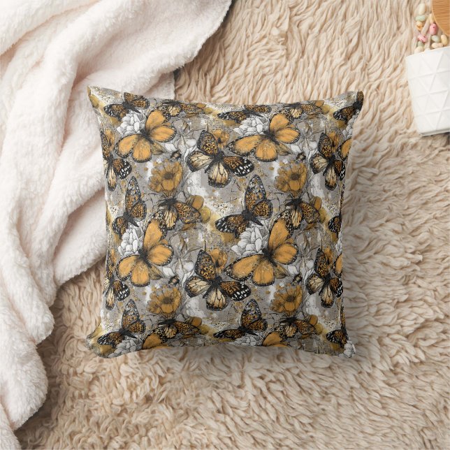 Vit Grå Guld Elegant Blommig Monarkfjäril Kudde (Filt)