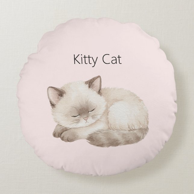 Vit Grå Kitty Katt Rund Kudde (Framsidan)